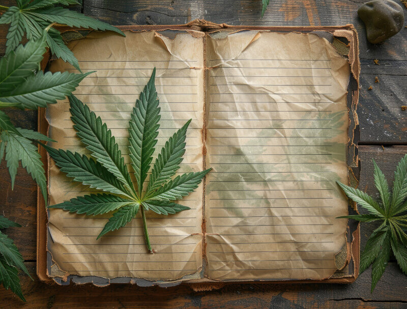 Cannabisblatt liegt auf Notizbuch mit aufgeschlagenen Seiten