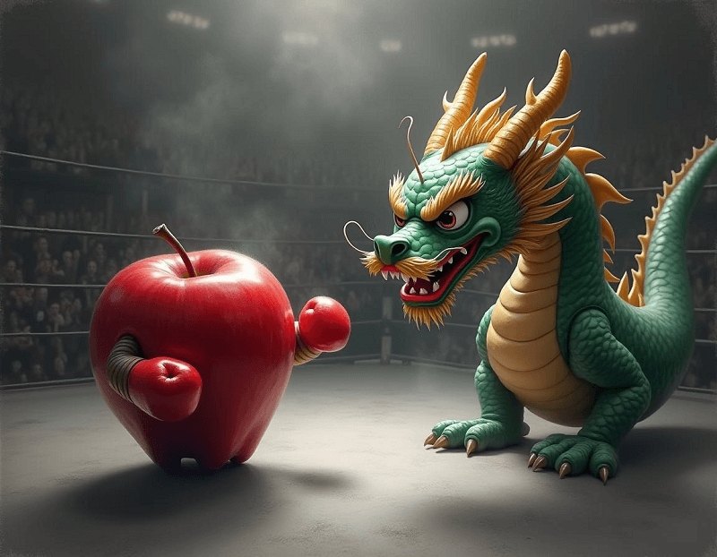 Apfel gegen Drache in einem Boxring.