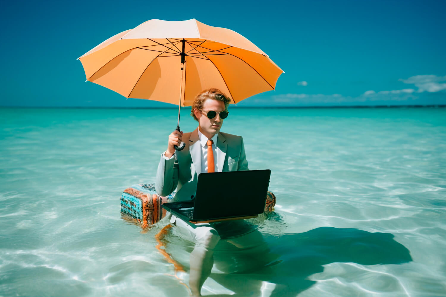 gesetzlicher-urlaubsanspruch-mann-im-wasser-mit-laptop-schirm-und-stuhl