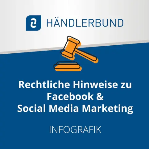 Deckblatt des Produktes Infografik für rechtliche Hinweise zu Facebook & Social Media Marketing in Blau/Silber gehalten mit dem Icon eines rechtlichen Hammers in Orange.